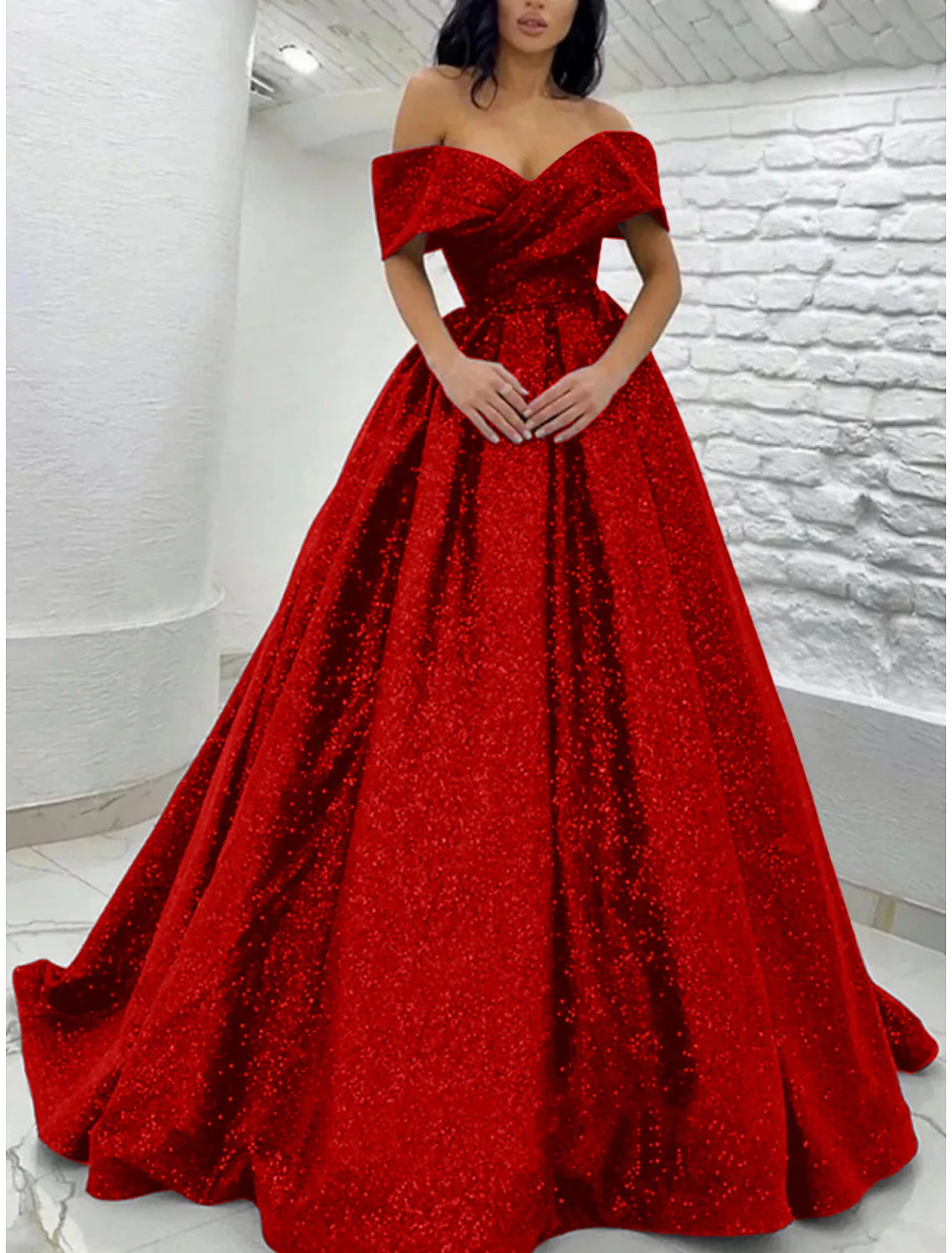 A-Line Prom Dresses Sparkle Black Champagne Gold Dress Tie Gala Sweep / Brush Train Short Sleeve Off Shoulder Sequined with Glitter Pleats 2025